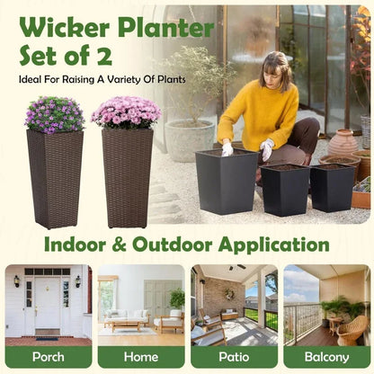 Set of 2 large outdoor planters – 24-Inch Tall Square Flower Pots in Mocha, Ideal for Front Porches, Patios, Balconies, and Indoor Use , outdoor planter square, Square Rattan Flower Pots, Mocha