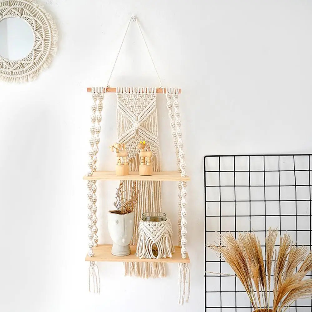 2-Tier White Floating Wall Shelves with Macrame Design - Boho Wooden Shelves for Home Decor and Candle Display