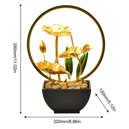 Tiered Lotus Leaf Water Fountain with Natural Rocks and LED Ring Light – Small Metal Waterfall Fountain for Home and Desk Decoration , 3 Tier Fountain