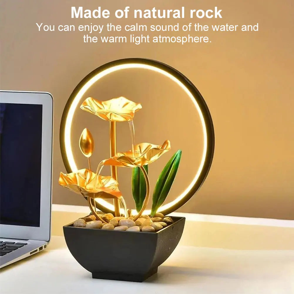 Tiered Lotus Leaf Water Fountain with Natural Rocks and LED Ring Light – Small Metal Waterfall Fountain for Home and Desk Decoration , 3 Tier Fountain