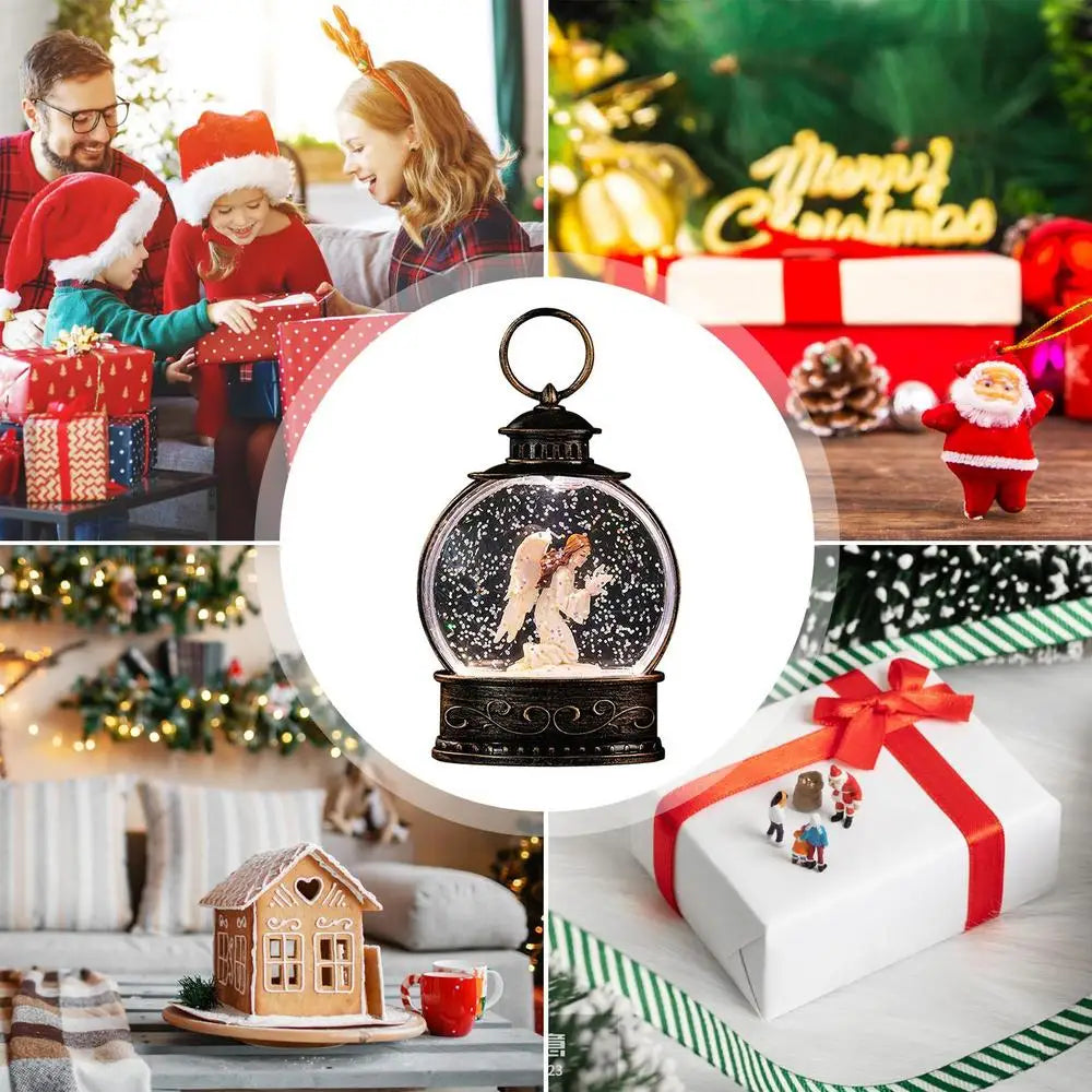 LED Christmas Snow Globe Lantern with Swirling Glitter, Santa Design, Festive Night Light and Elegant Holiday Decoration