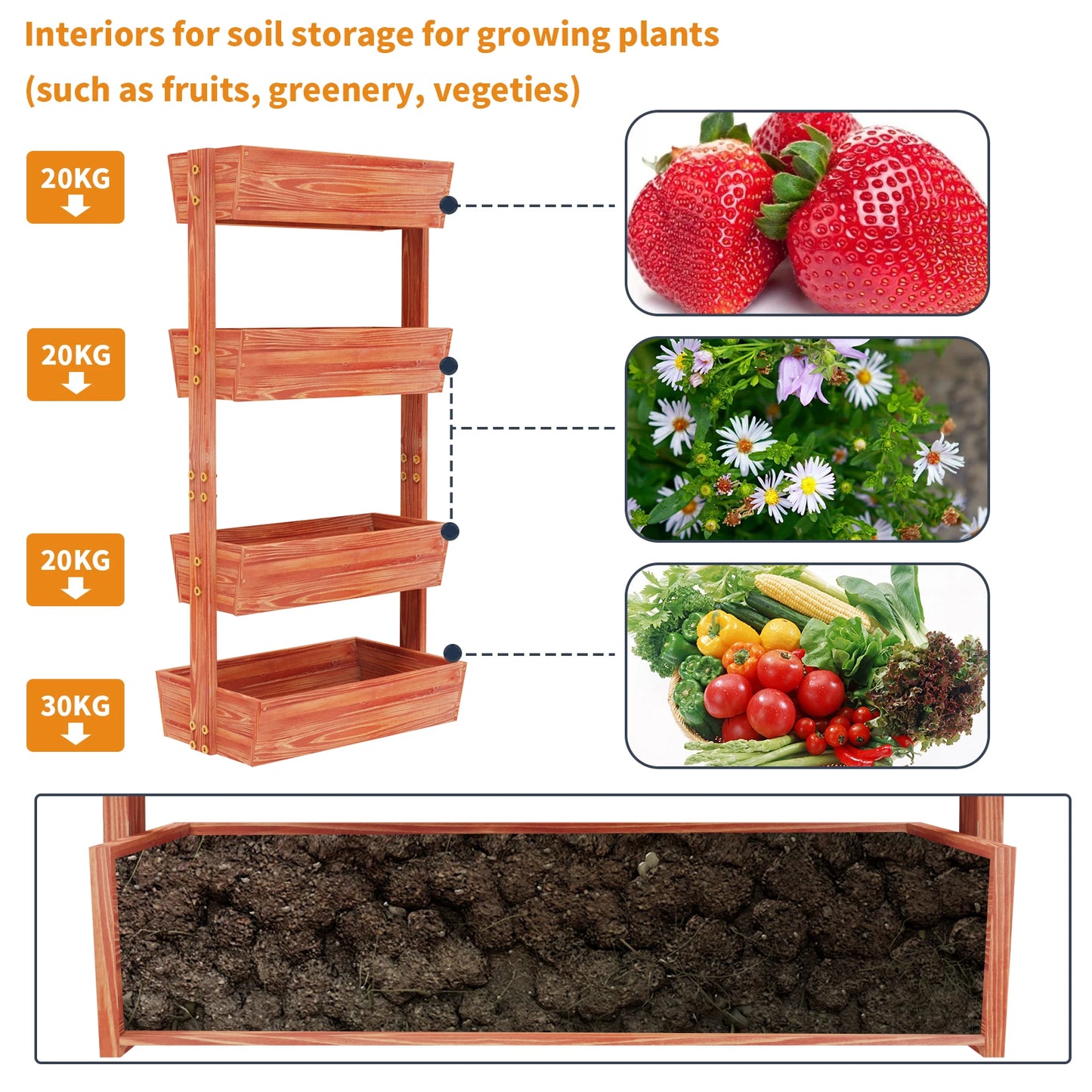 4-Tier - wooden raised garden bed – Vertical Wooden Planter Stand with Detachable Ladder and Adjustable Shelves for Flower Pots , vertical garden planter