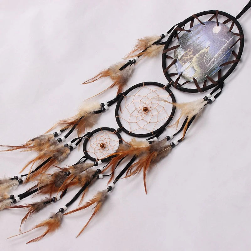 Wolf Head Oil Painting Dream Catcher - Feather Wall Decor for Home, Perfect Festival Wall Art Décor with Natural Pendant Design