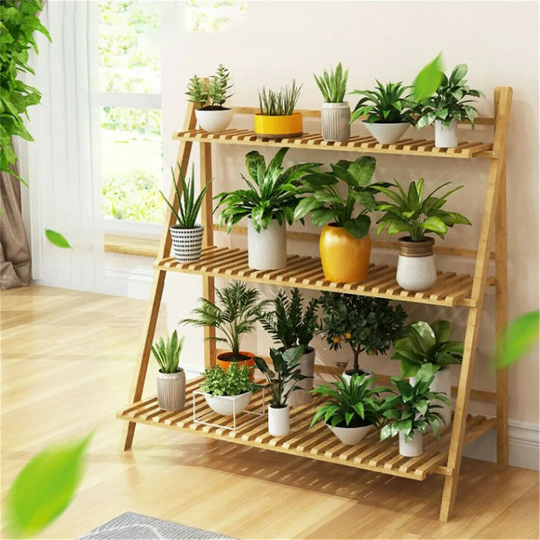 bamboo plant stand , plant display shelf , indoor outdoor plant stand
