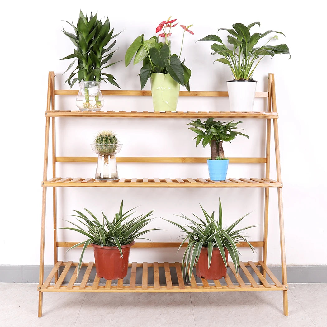 Folding 3-Tier-Bamboo Plant Stand – Flower Pot Display Shelf for Indoor and Outdoor Garden or Yard , plant display shelf