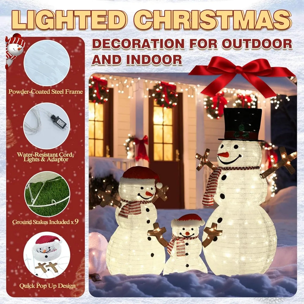 Outdoor Christmas Decorations, Set of 3 Pop-Up Snowmen with 270 LED Lights, Festive Snowman Family Display