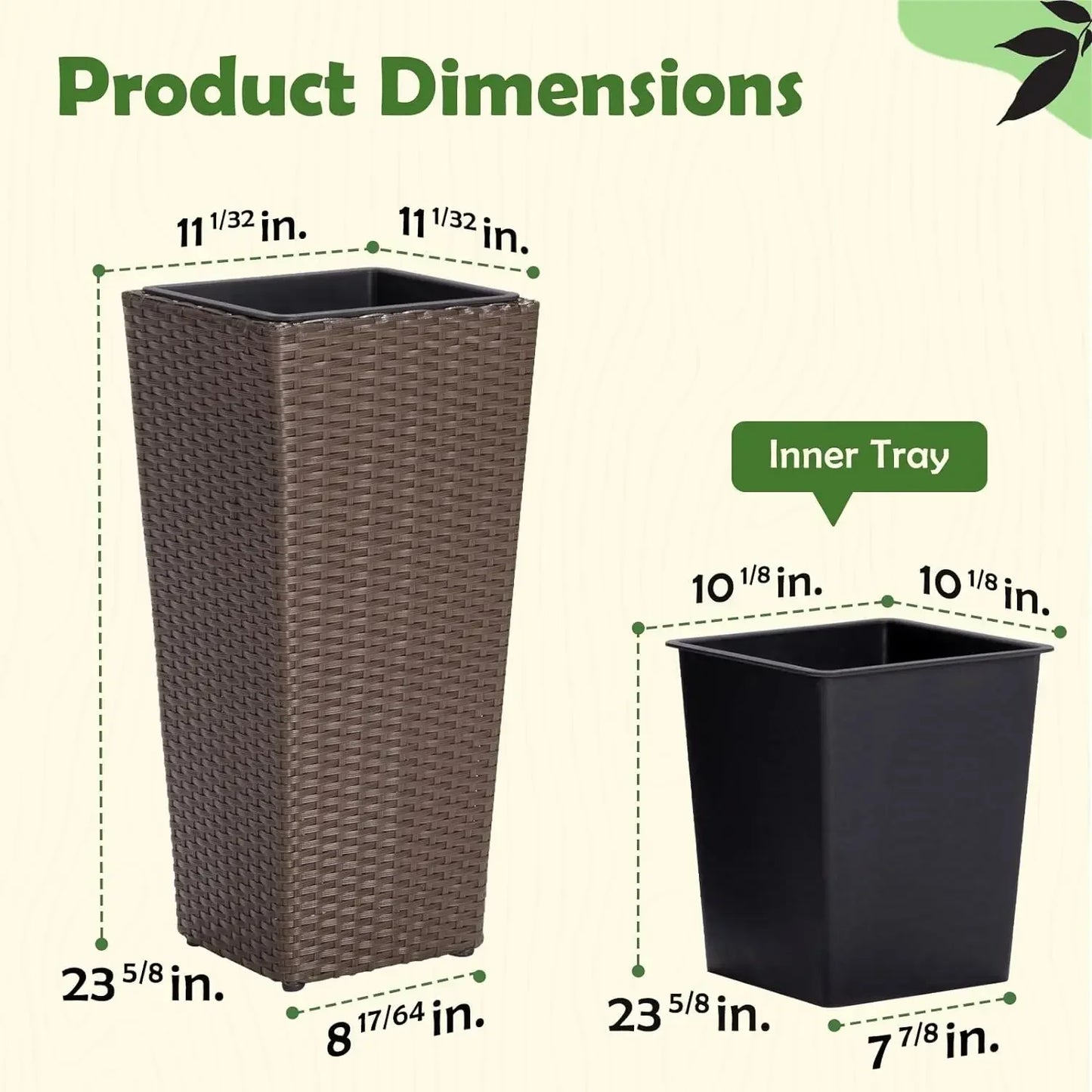 Set of 2 large outdoor planters – 24-Inch Tall Square Flower Pots in Mocha, Ideal for Front Porches, Patios, Balconies, and Indoor Use , outdoor planter square, Square Rattan Flower Pots, Mocha