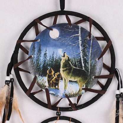 Wolf Head Oil Painting Dream Catcher - Feather Wall Decor for Home, Perfect Festival Wall Art Décor with Natural Pendant Design