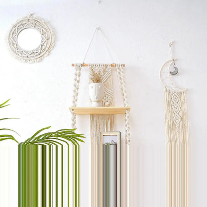 2-Tier White Floating Wall Shelves with Macrame Design - Boho Wooden Shelves for Home Decor and Candle Display