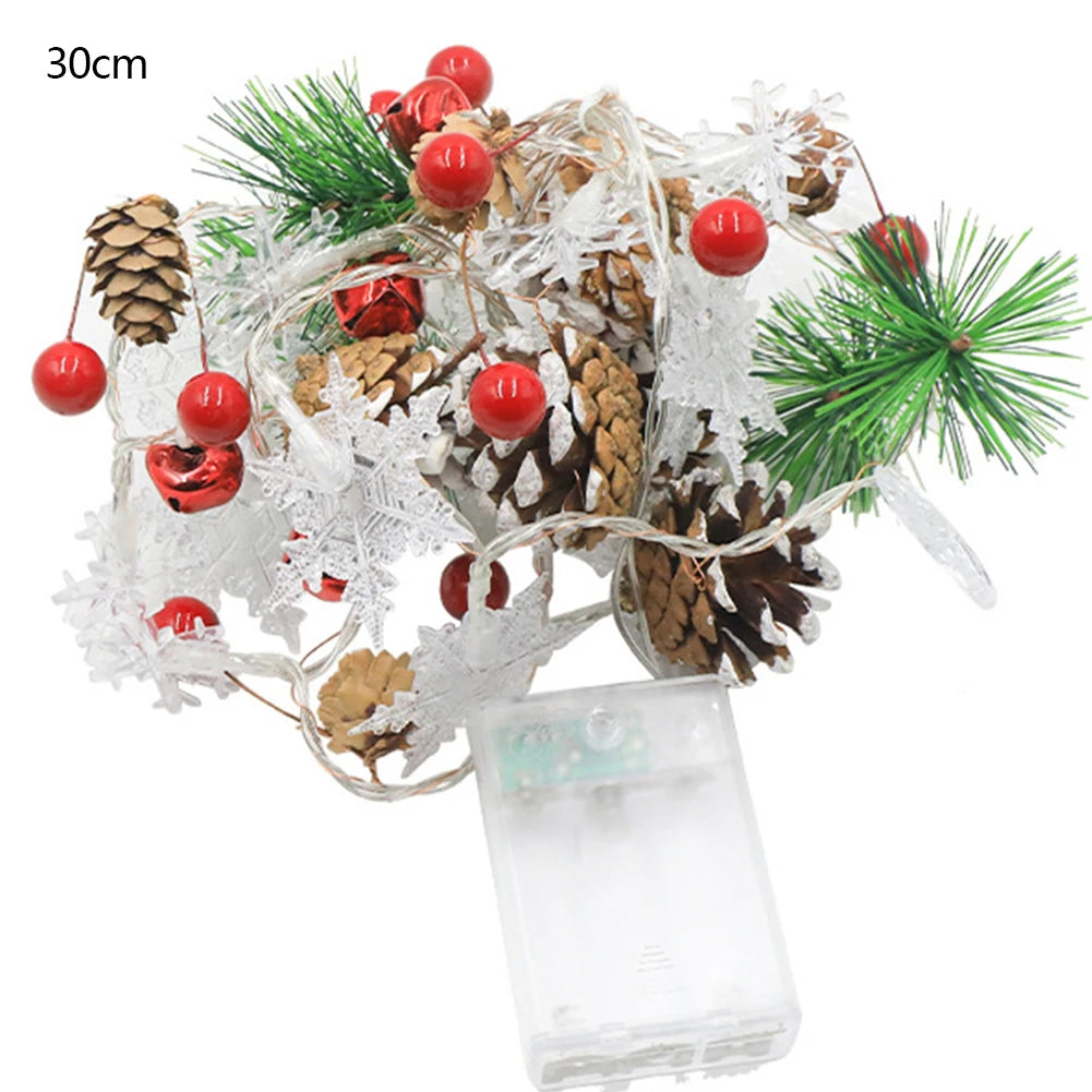 30-LED Snowflake Christmas Garland with Pine Cones and Red Berries, Battery-Operated Fairy String Lights for Tree and Fireplace Décor , snowflake garland ,  lighted snowflakes ,  hanging snowflakes , battery fairy lights