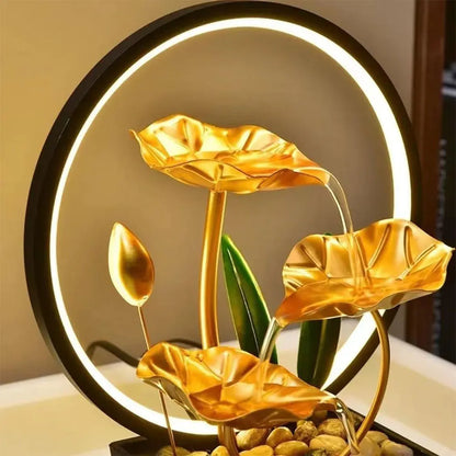 Tiered Lotus Leaf Water Fountain with Natural Rocks and LED Ring Light – Small Metal Waterfall Fountain for Home and Desk Decoration , 3 Tier Fountain